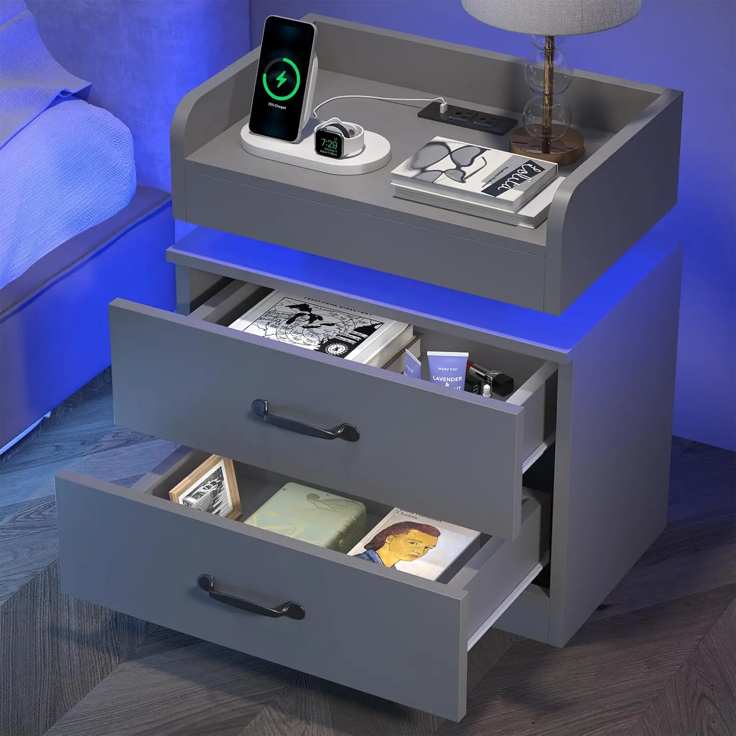 Grey Nightstand with Charging Station and LED Lights Modern Bedside Table with 2 Drawers End Table for Bedroom, Customized
Grey Nightstand with Charging Station and LED Lights Modern Bedside Table with 2 Drawers End Table for Bedroom, Customized