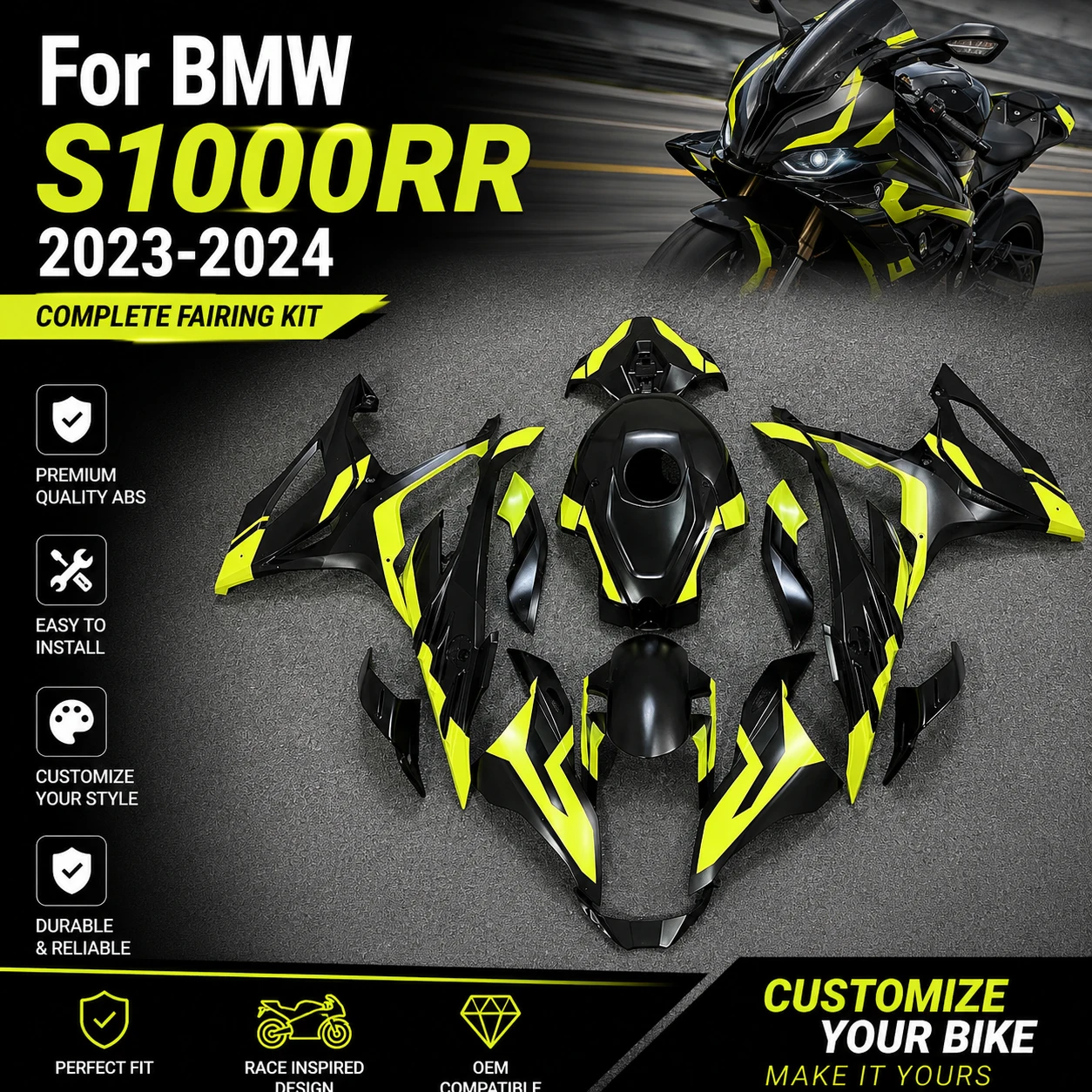 Fairing Kit for BMW S1000RR 2023-2024 Racing Style Pre-Drilled ABS Injection Bodywork Panel Motorcycle Replacement Plastic Parts
Fairing Kit for BMW S1000RR 2023-2024 Racing Style Pre-Drilled ABS Injection Bodywork Panel Motorcycle Replacement Plastic Parts