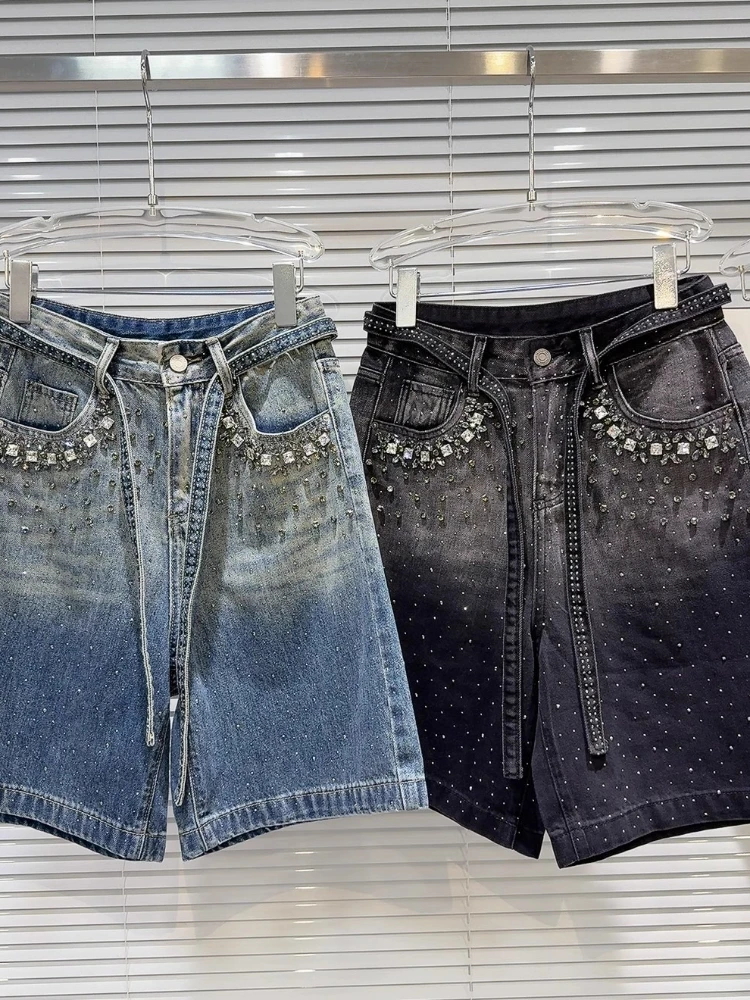 Summer Heavy Industry Rhinestone Bead Belt Shorts Wash Jeans Gradient Vintage Five-Point Straight Denim Short Pants Women Trendy
Summer Heavy Industry Rhinestone Bead Belt Shorts Wash Jeans Gradient Vintage Five-Point Straight Denim Short Pants Women Trendy