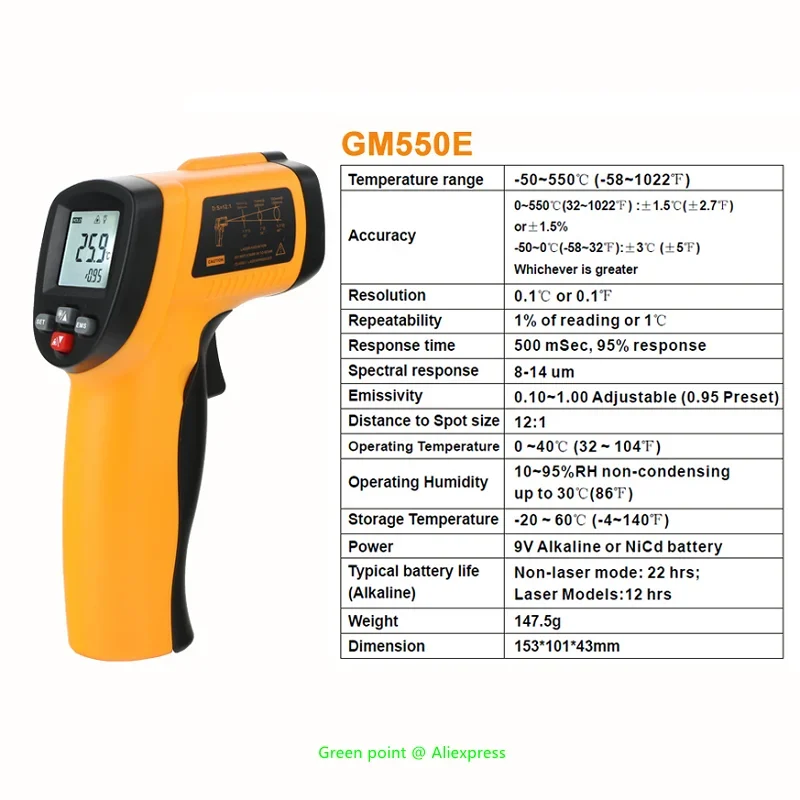 Портативный инфракрасный термометр HD GM550E, 5 шт., 50 ~ 550 ℃ Бесконтактный ИК-лазерный портативный цифровой гигрометр с датчиком температуры
Портативный инфракрасный термометр HD GM550E, 5 шт., 50 ~ 550 ℃ Бесконтактный ИК-лазерный портативный цифровой гигрометр с датчиком температуры