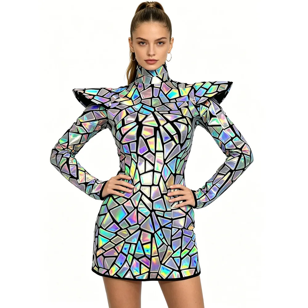 Women Glitter Laser Sequins Short Dress with Fly Shoulder Long Sleeve for Singer Drag Queen Costume Party Nightclub Performance
Women Glitter Laser Sequins Short Dress with Fly Shoulder Long Sleeve for Singer Drag Queen Costume Party Nightclub Performance