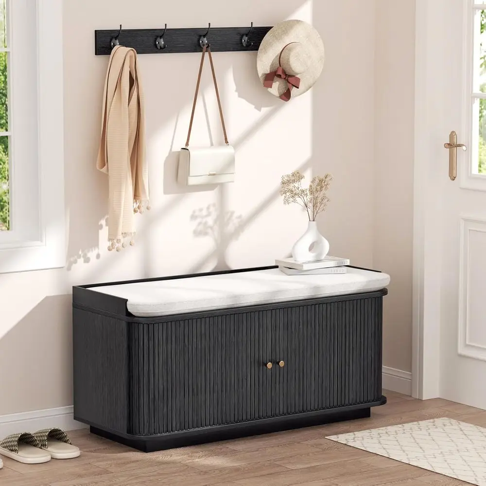 Black Entryway Storage Bench with Shoe Rack, Sliding Door Cabinet, Wall Hooks, and Adjustable Compartments
Black Entryway Storage Bench with Shoe Rack, Sliding Door Cabinet, Wall Hooks, and Adjustable Compartments