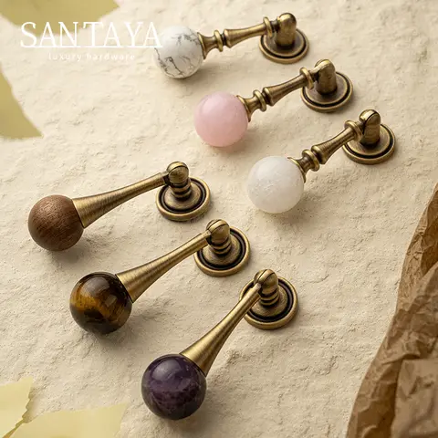 Santaya Solid Brushed Antique Brass Handles Walnut Wood and Crystal Colored Kitchen Cabinet Pulls Wardrobe Drawer Knobs