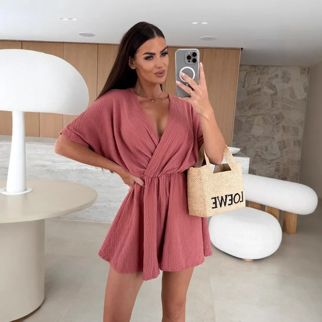 Women Fashion Cross V Neck Short Sleeve Jumpsuits Shorts Women New Loose Casual Elegant Playsuits Casual Office Simple Rompers
Women Fashion Cross V Neck Short Sleeve Jumpsuits Shorts Women New Loose Casual Elegant Playsuits Casual Office Simple Rompers