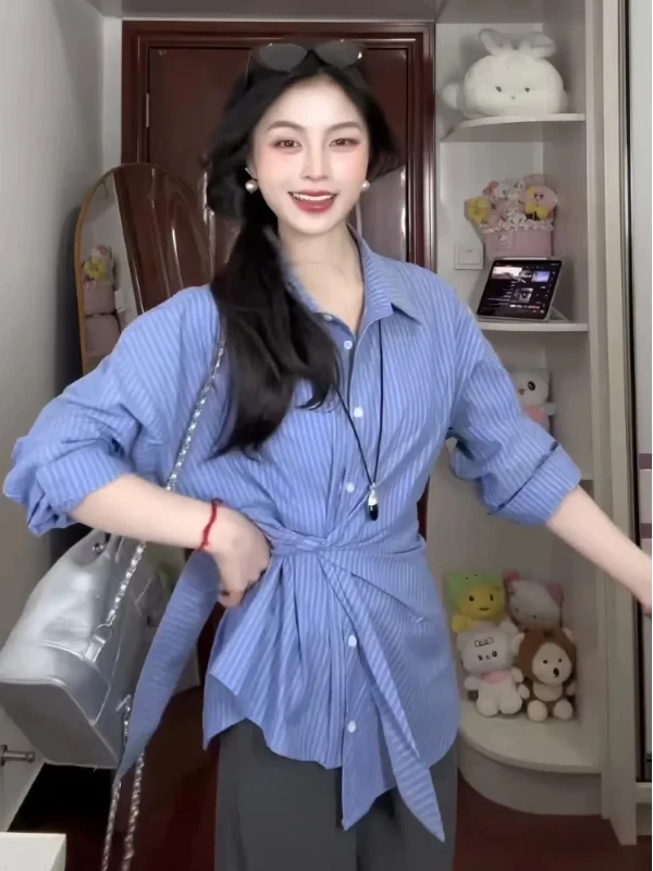 plus Size Women's Chic Striped Belted Shirt Korean Style Slimming Long Sleeve Casual Top Beautiful Waist-Cinching Summer New
plus Size Women's Chic Striped Belted Shirt Korean Style Slimming Long Sleeve Casual Top Beautiful Waist-Cinching Summer New