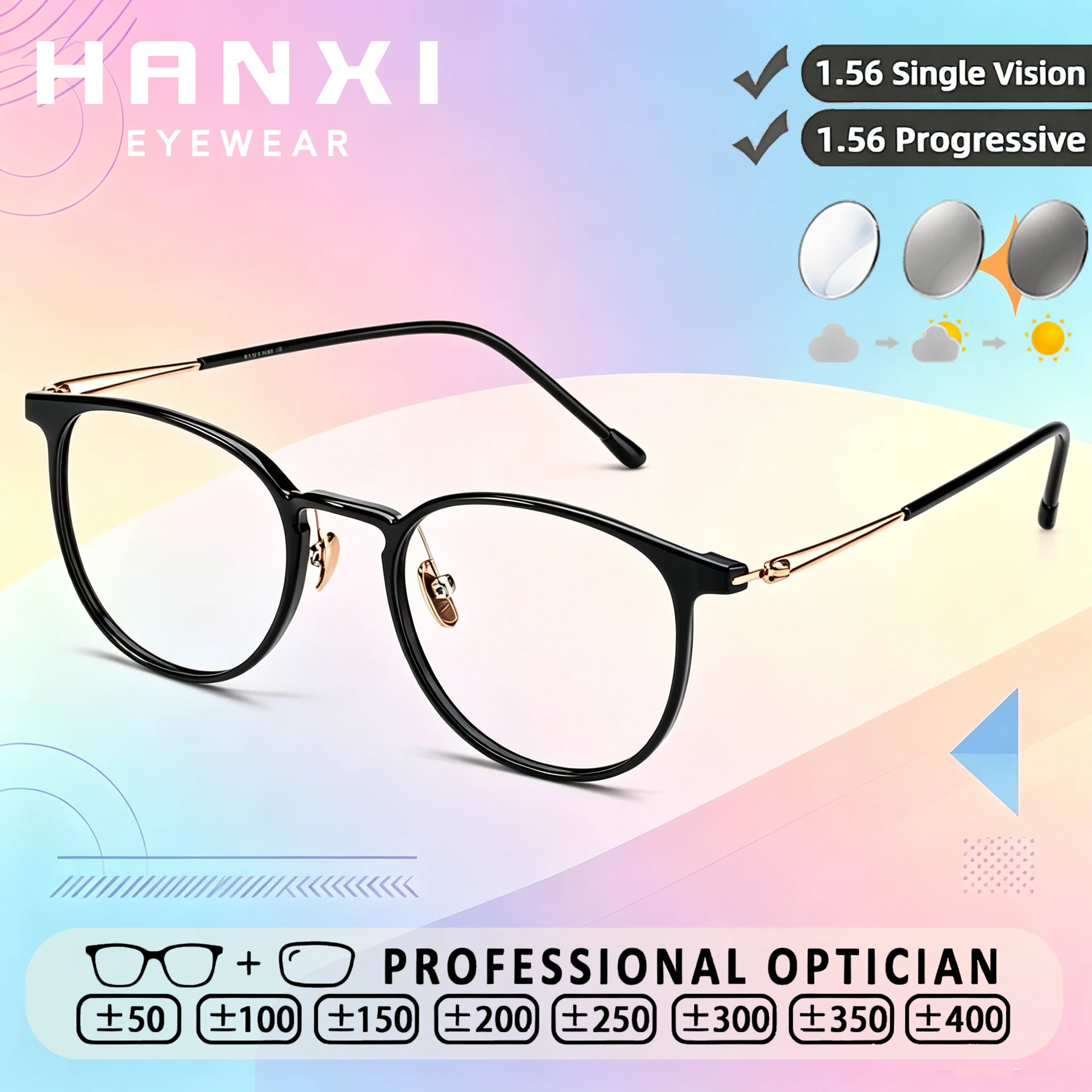 HANXI Oval Titanium Frame Glasses Women Progressive Photochromic Custom Prescription Lens Integrated Myopia Reading Glasses
HANXI Oval Titanium Frame Glasses Women Progressive Photochromic Custom Prescription Lens Integrated Myopia Reading Glasses