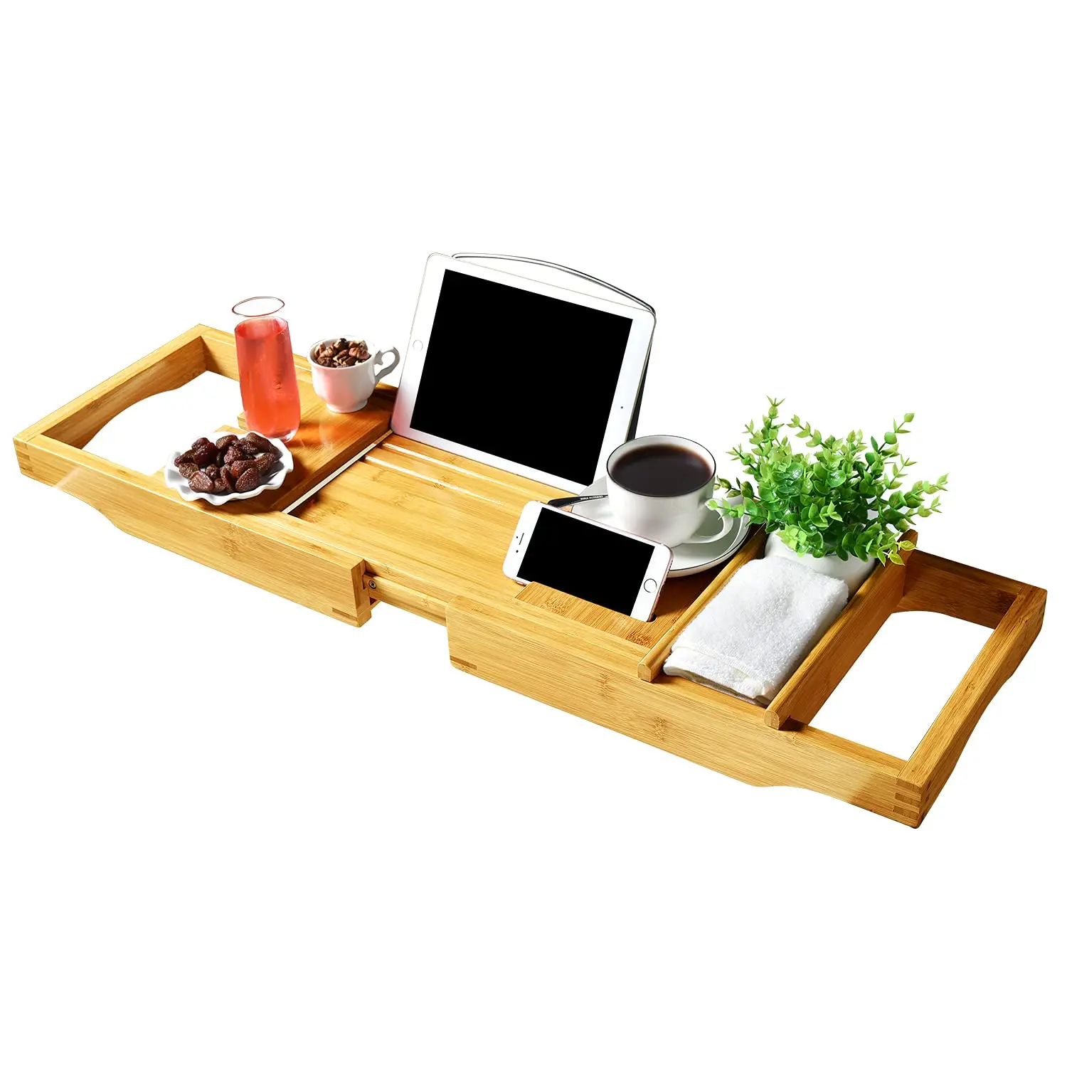 Bamboo Bathtub Caddy with Extending Sides and Adjustable Book Holder (Deluxe)
Bamboo Bathtub Caddy with Extending Sides and Adjustable Book Holder (Deluxe)