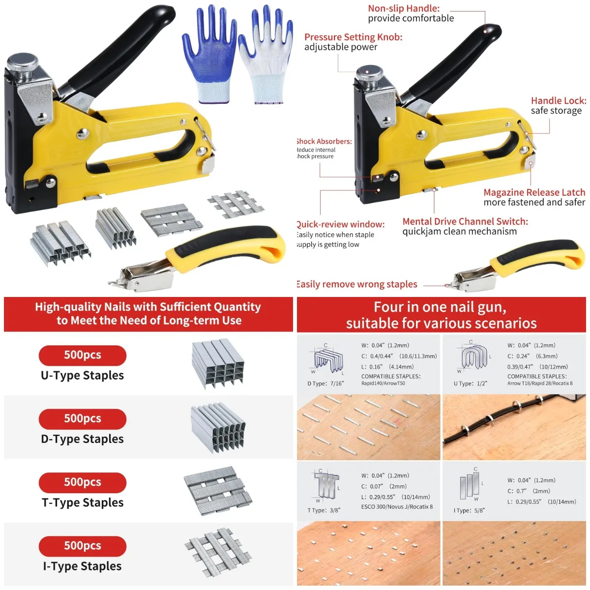 4 in 1 Heavy Duty Staple Gun for Wood, Crafts, Carpentry - Manual Brad Nailer with 4000pcs Staples
4 in 1 Heavy Duty Staple Gun for Wood, Crafts, Carpentry - Manual Brad Nailer with 4000pcs Staples