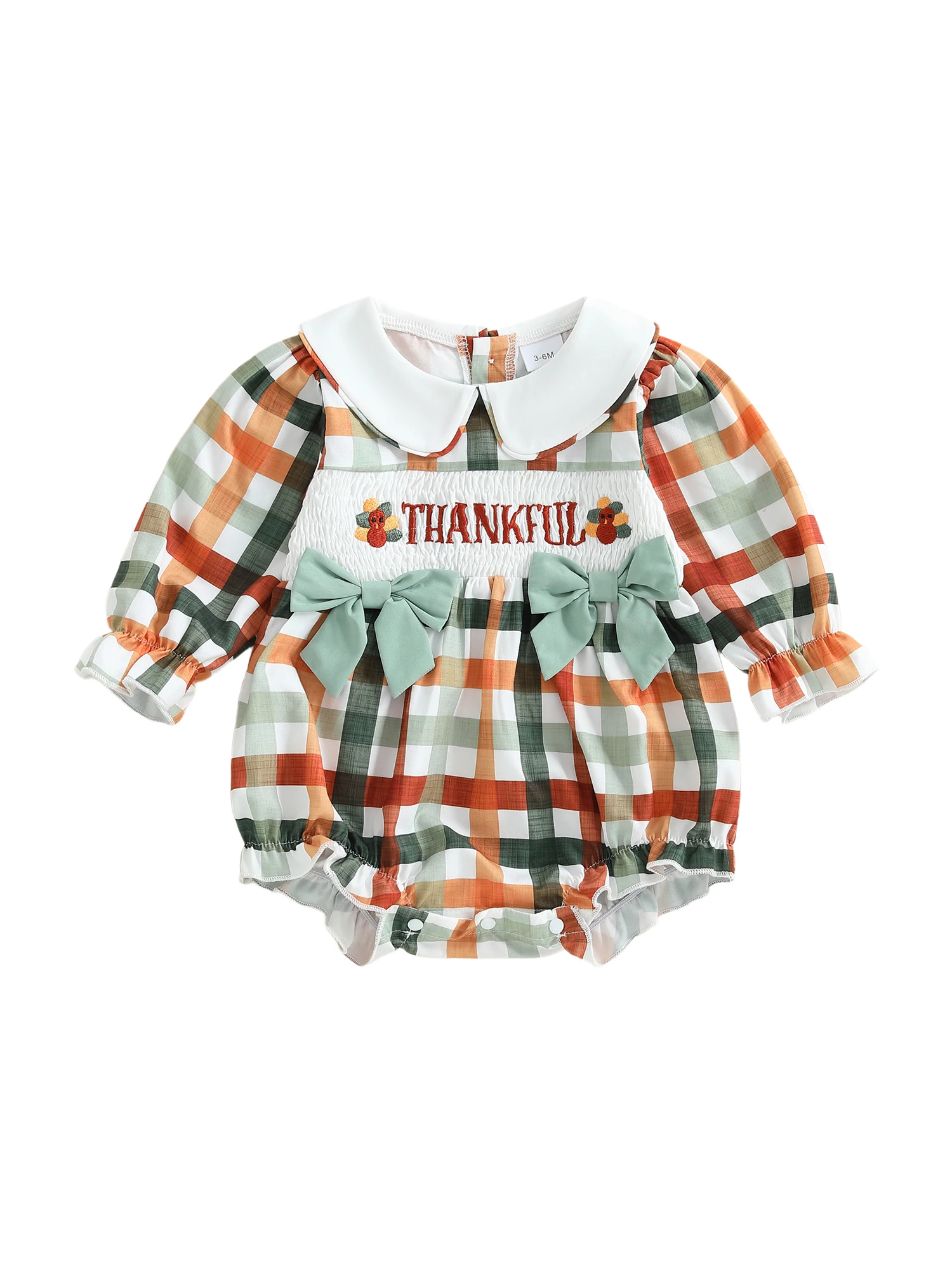 Infant Girls Jumpsuit Adorable Long Sleeve Doll Collar Plaid Embroidery Turkey Bodysuit with Thanksgiving Theme
Infant Girls Jumpsuit Adorable Long Sleeve Doll Collar Plaid Embroidery Turkey Bodysuit with Thanksgiving Theme