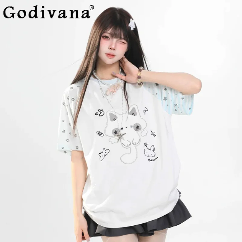 Sweet Cute Cartoon Print Short Sleeve T-shirt Women Summer Korean Leisure Loose College Age-reducing Japanese Crew Neck Tops
Sweet Cute Cartoon Print Short Sleeve T-shirt Women Summer Korean Leisure Loose College Age-reducing Japanese Crew Neck Tops