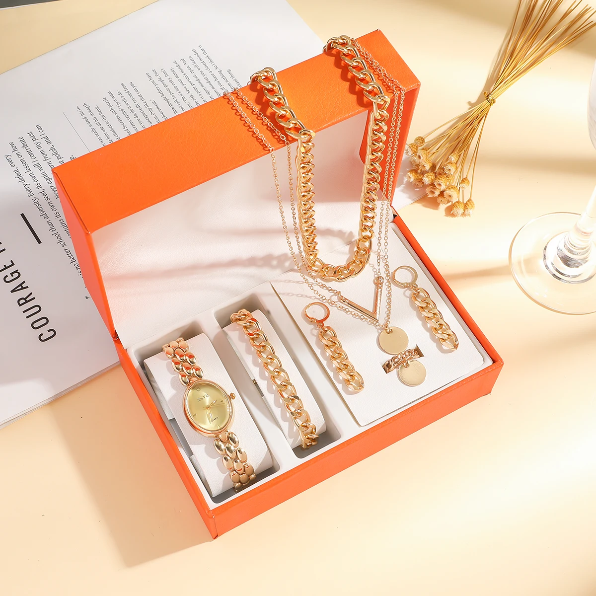 Нет подарочной коробки; маленькие овальные ретро простые темпераментные женские часы, комплект ювелирных изделий из 5 штук;
Нет подарочной коробки; маленькие овальные ретро простые темпераментные женские часы, комплект ювелирных изделий из 5 штук;