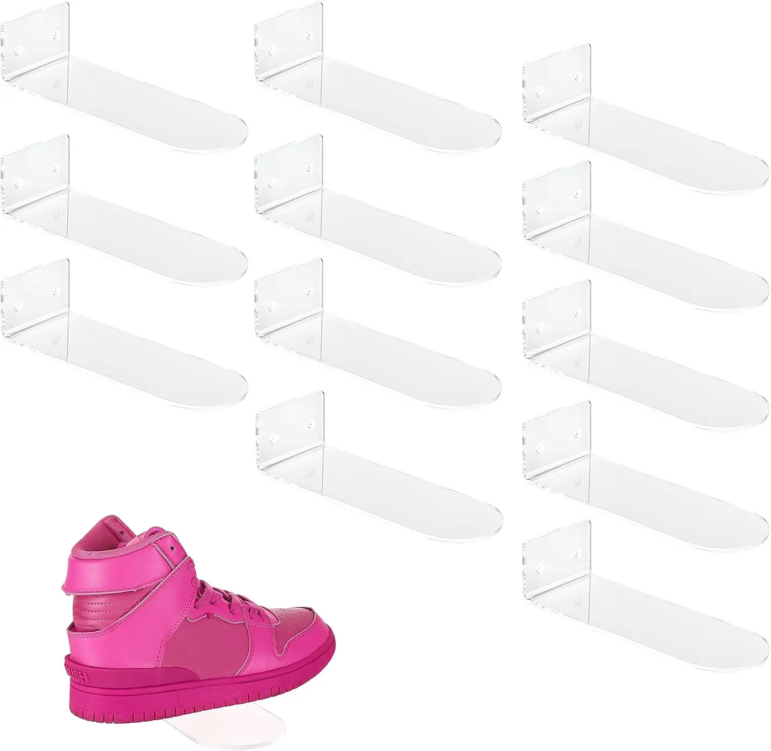 12 Pack Acrylic Floating Shoe Display Shelves for Sneaker Collection, Clear Wall Mounted Shoe Storage for Bedroom Hallways
12 Pack Acrylic Floating Shoe Display Shelves for Sneaker Collection, Clear Wall Mounted Shoe Storage for Bedroom Hallways