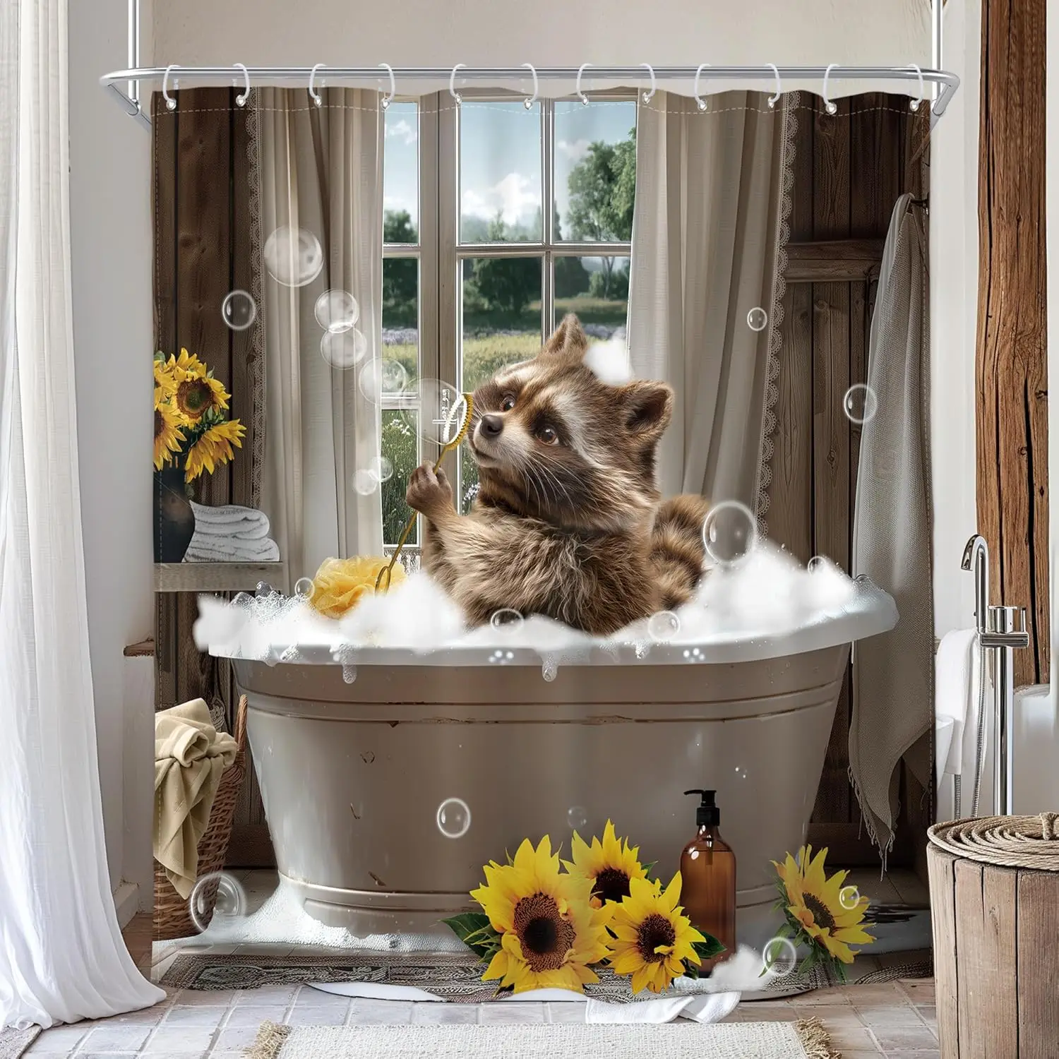 Raccoon in Bubble Bath Shower Curtain with Sunflowers and Bubbles for Bathroom Decor
Raccoon in Bubble Bath Shower Curtain with Sunflowers and Bubbles for Bathroom Decor