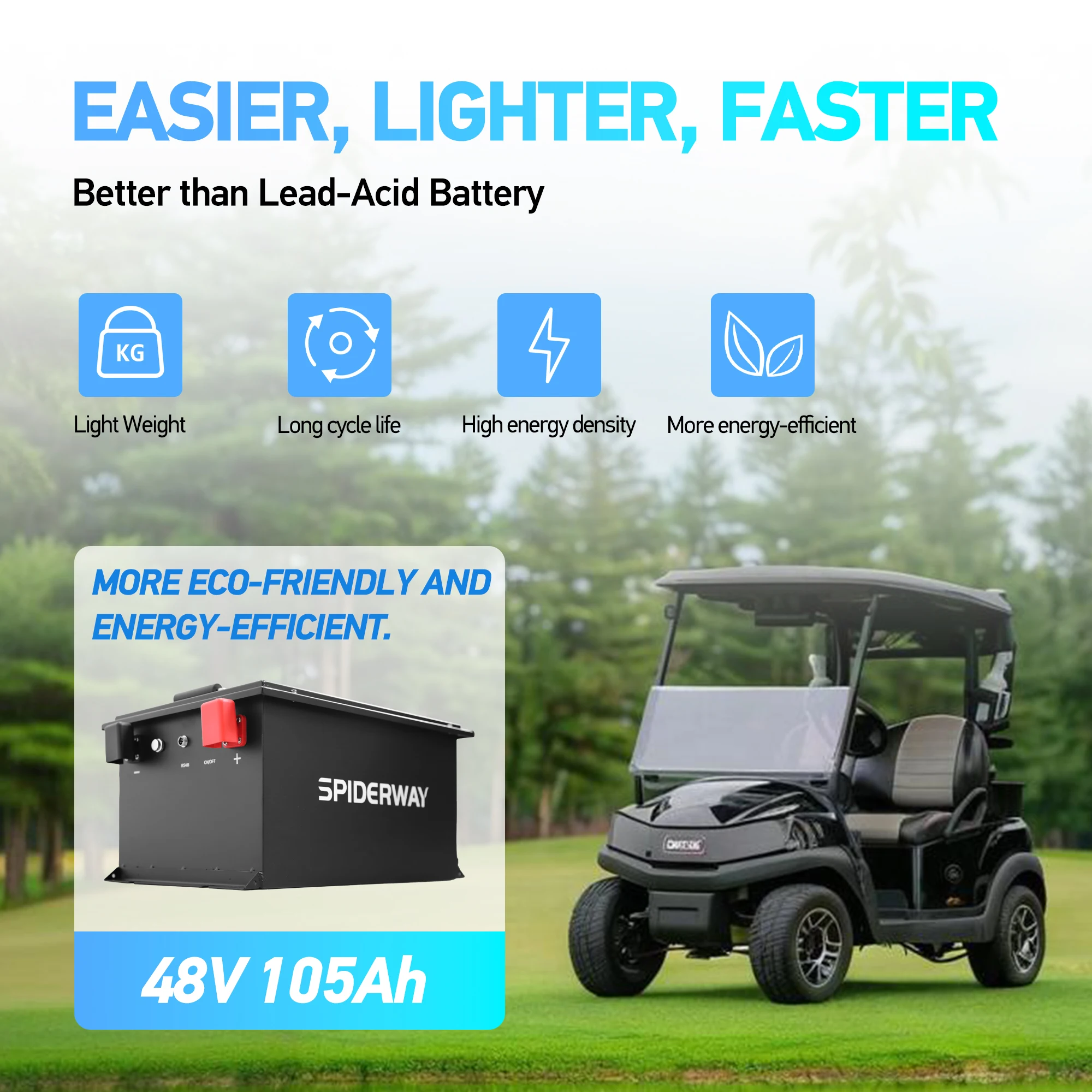 48V 105Ah Golf Cart LiFePO4 Lithium Battery With Charger 200A BMS Max. 10.24kW for Advanced EV ADVENT 2 4 4L 4F 6LG29 YDRE Drive
48V 105Ah Golf Cart LiFePO4 Lithium Battery With Charger 200A BMS Max. 10.24kW for Advanced EV ADVENT 2 4 4L 4F 6LG29 YDRE Drive