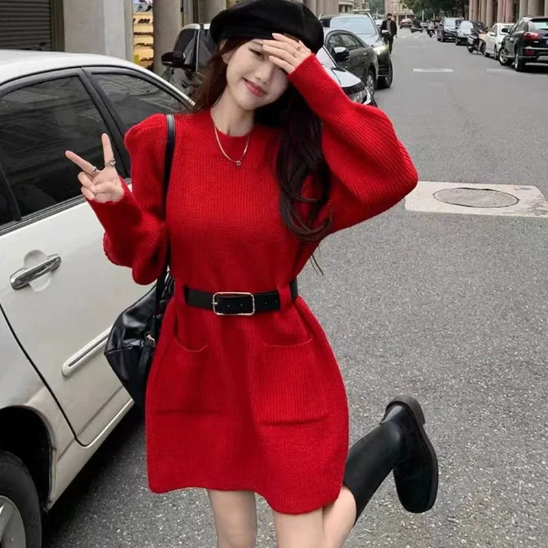 Autumn Winter Striped Knitted Dress Women Korean Fashion Double Pockets Short Dresses Ladies Casual Loose Long Sleeve Knit Dress
Autumn Winter Striped Knitted Dress Women Korean Fashion Double Pockets Short Dresses Ladies Casual Loose Long Sleeve Knit Dress
