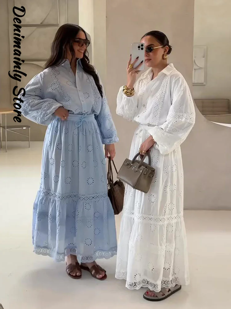 Casual Embroidery Hollow Out Shirt Skirt Set Women Lapel Lantern Sleeve Shirts A-line Skirts Solid Sets 2025 Summer Lady Suit
Casual Embroidery Hollow Out Shirt Skirt Set Women Lapel Lantern Sleeve Shirts A-line Skirts Solid Sets 2025 Summer Lady Suit