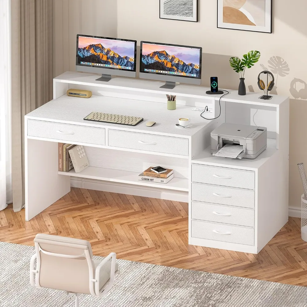 Белый компьютерный стол с 6 ящиками, 55-дюймовый стол для домашнего офиса с местом для хранения, розетками и подставкой для принтера, письменные столы для учебы 
Белый компьютерный стол с 6 ящиками, 55-дюймовый стол для домашнего офиса с местом для хранения, розетками и подставкой для принтера, письменные столы для учебы