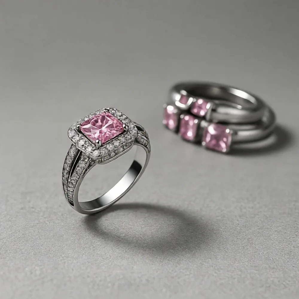 Комплект обручальных колец из стерлингового серебра с розовыми фианитами: кольцо-обещание и многорядное кольцо вечности
Комплект обручальных колец из стерлингового серебра с розовыми фианитами: кольцо-обещание и многорядное кольцо вечности