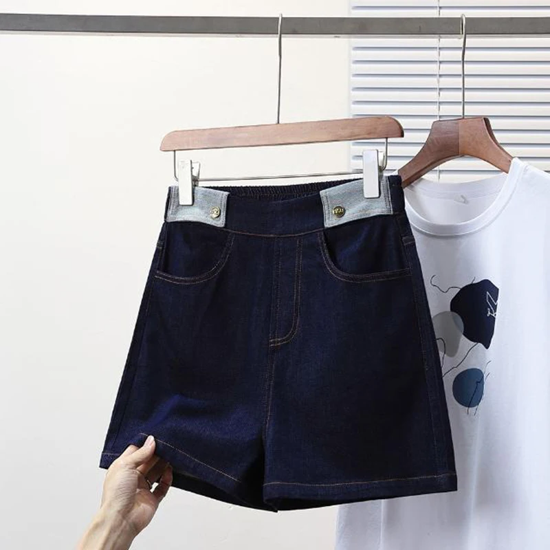 Thin and high waisted A-line wide leg five cropped pants summer new fashion street elastic color blocking denim shorts
Thin and high waisted A-line wide leg five cropped pants summer new fashion street elastic color blocking denim shorts