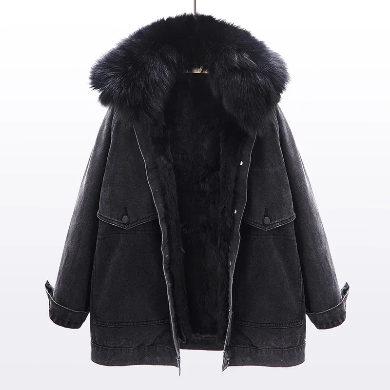Winter Women Real Fox Fur Collar Rabbit Fur Liner Denim Jacket Outerwear Vintage Loose Mid Long Big Pocket Jeans Jacket Female
Winter Women Real Fox Fur Collar Rabbit Fur Liner Denim Jacket Outerwear Vintage Loose Mid Long Big Pocket Jeans Jacket Female