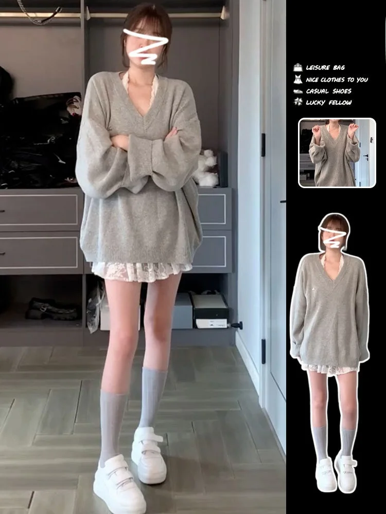 Early Spring 2026 Women's Knitted Lace Neckline Two-Piece Set Casual Loose Style Grey Sweater And Skirt Ensemble
Early Spring 2026 Women's Knitted Lace Neckline Two-Piece Set Casual Loose Style Grey Sweater And Skirt Ensemble