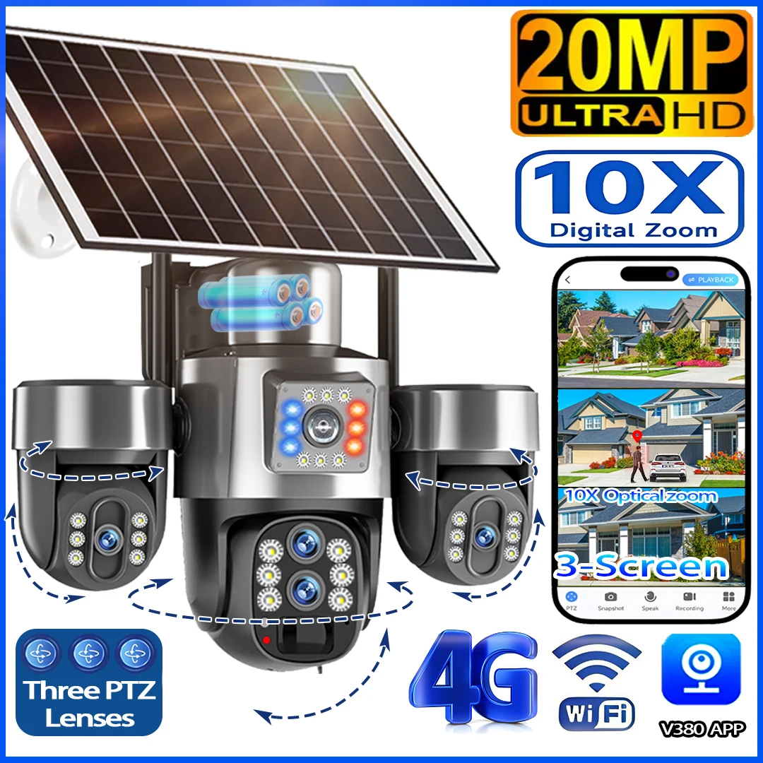 20MP 4G Sim Solar Camera WiFi 10X Optical Zoom 3-PTZ 4-Lens 3-Screens Outdoor Wireless Security Cameras Auto Tracking CCTV V380
20MP 4G Sim Solar Camera WiFi 10X Optical Zoom 3-PTZ 4-Lens 3-Screens Outdoor Wireless Security Cameras Auto Tracking CCTV V380