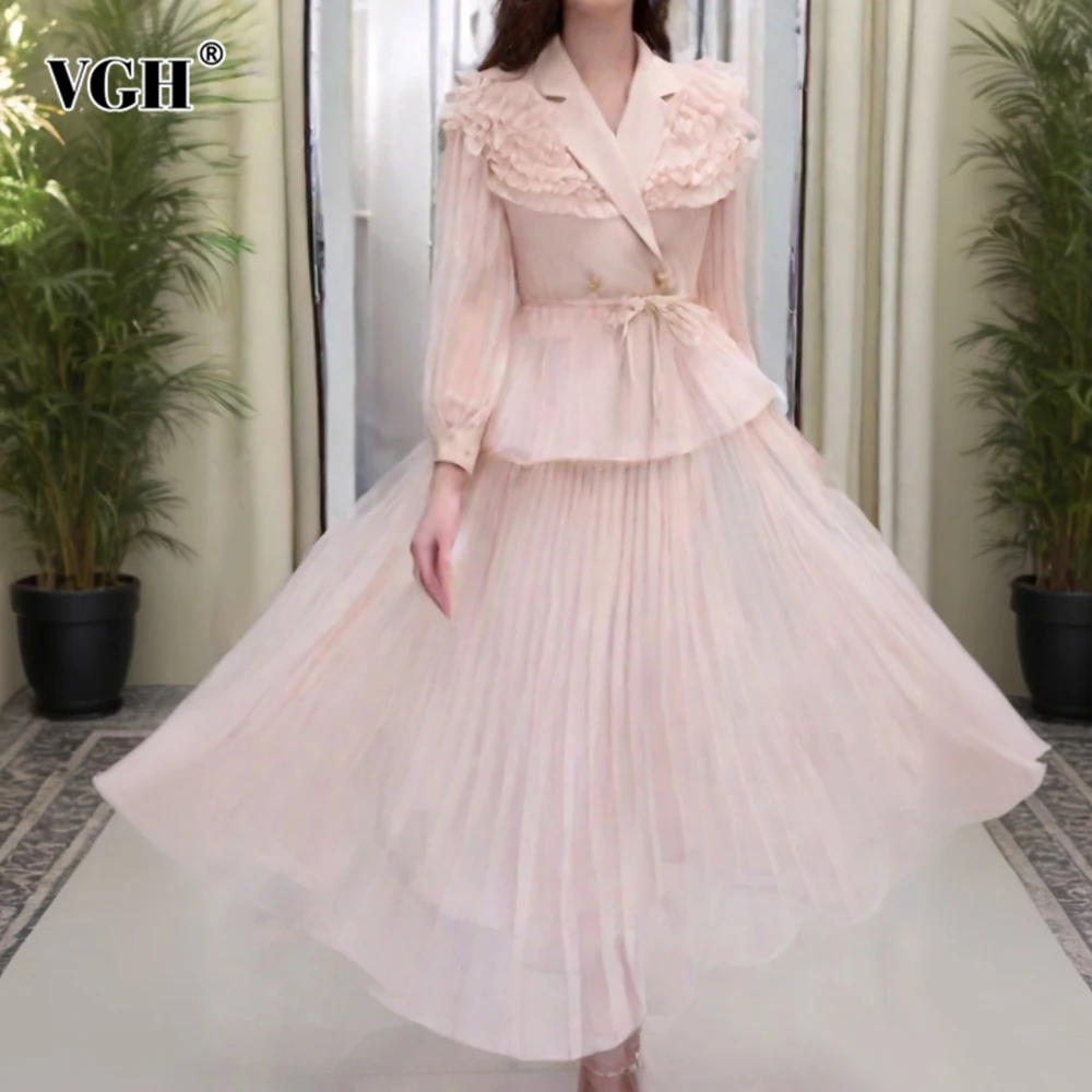 VGH Solid Elegant Folds Two Piece Sets For Women Lapel Long Sleeve Spliced Button Top High Waist Skirt Designer Set Female New
VGH Solid Elegant Folds Two Piece Sets For Women Lapel Long Sleeve Spliced Button Top High Waist Skirt Designer Set Female New