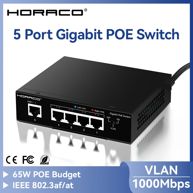 HORACO 5 Port POE Switch Gigabit 1000Mbps Active POE Network Switch for IP Camera,NVR,Surveillance,CCTV,POE Camera
HORACO 5 Port POE Switch Gigabit 1000Mbps Active POE Network Switch for IP Camera,NVR,Surveillance,CCTV,POE Camera