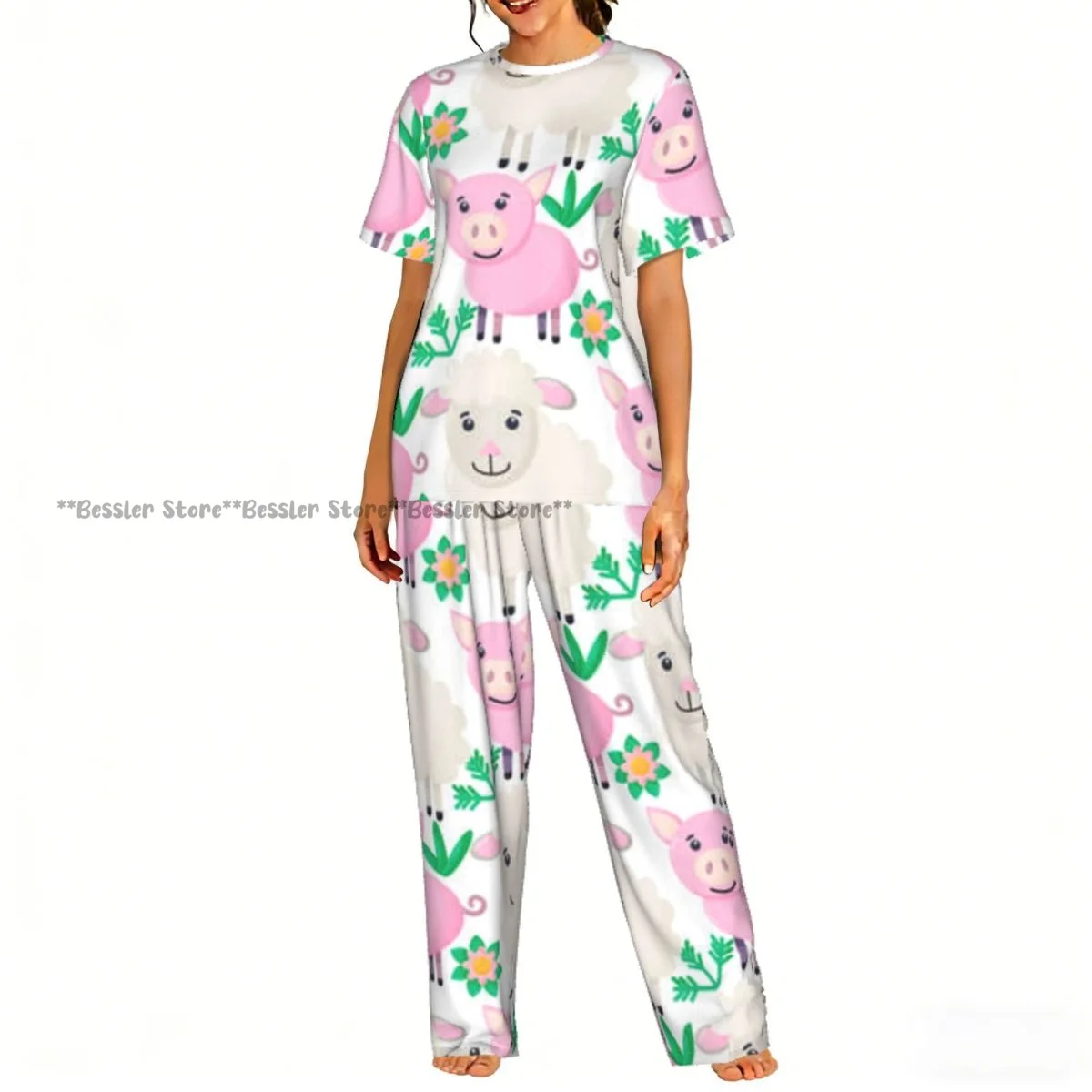 Женский комплект из 2 предметов: милая пижама с изображением овец и свиней, топ с короткими рукавами и брюки, одежда для сна.
Женский комплект из 2 предметов: милая пижама с изображением овец и свиней, топ с короткими рукавами и брюки, одежда для сна.