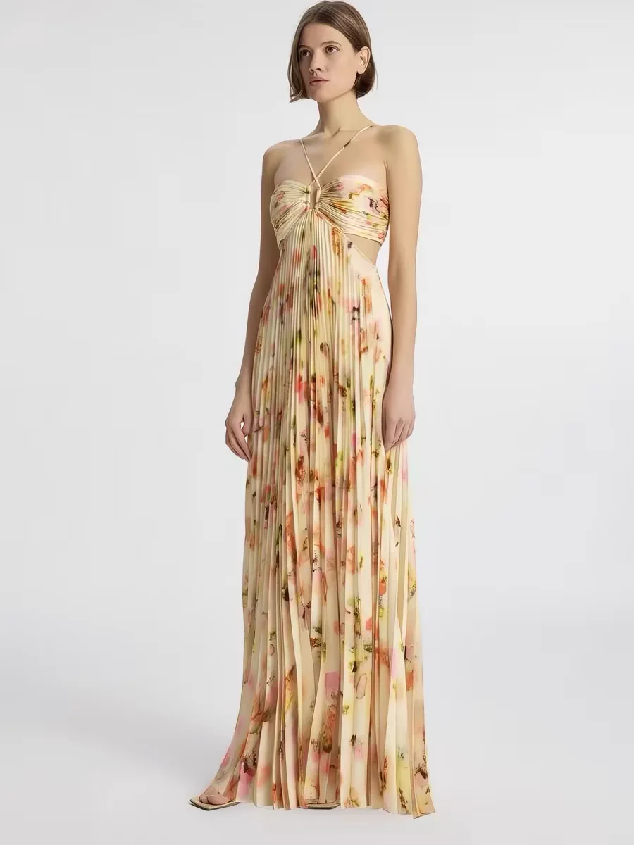 Women's Thai Designer Floral Maxi Dress Halter Neck Cutout Back Pleated Slim Fit Beach Vacation Cocktail Gown
Women's Thai Designer Floral Maxi Dress Halter Neck Cutout Back Pleated Slim Fit Beach Vacation Cocktail Gown