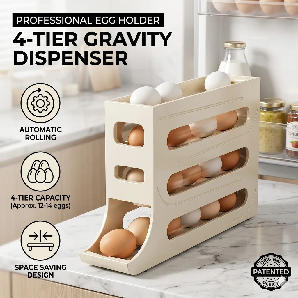 Egg Holder for Refrigerator, 4 Tier Automatic Rolling Egg Storage Box, Space Saving Gravity Dispenser Container for Kitchen
Egg Holder for Refrigerator, 4 Tier Automatic Rolling Egg Storage Box, Space Saving Gravity Dispenser Container for Kitchen