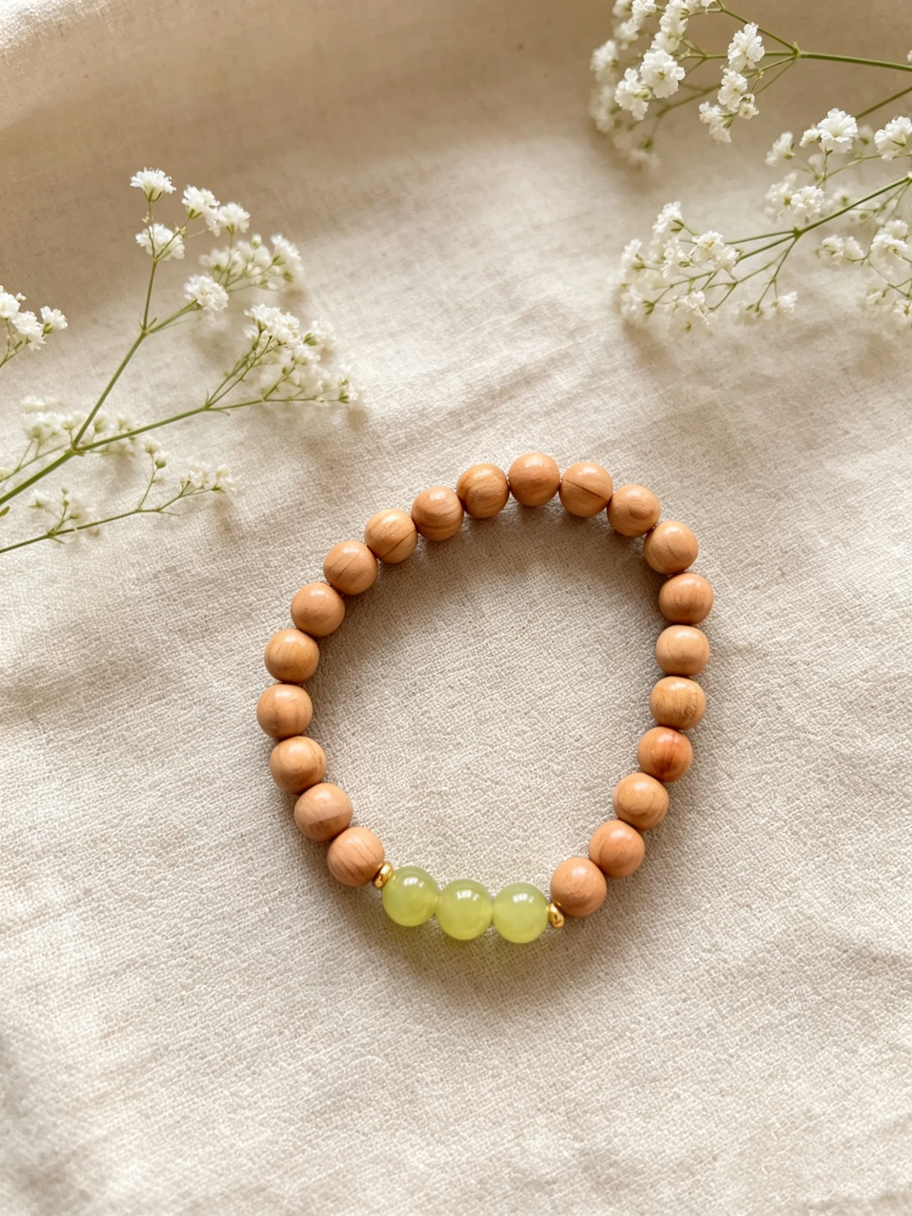 Raw wood beads paired with light green stone string beads bracelet
Raw wood beads paired with light green stone string beads bracelet