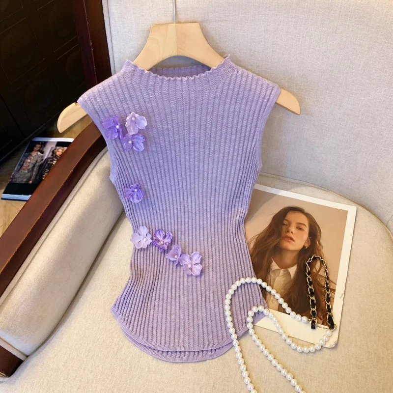 Slim Fit Knitted Vest Women's Summer New Style Purple Flower 3D Decoration Silk Top Korean Style Commute Pure Color Half High...
Slim Fit Knitted Vest Women's Summer New Style Purple Flower 3D Decoration Silk Top Korean Style Commute Pure Color Half High...