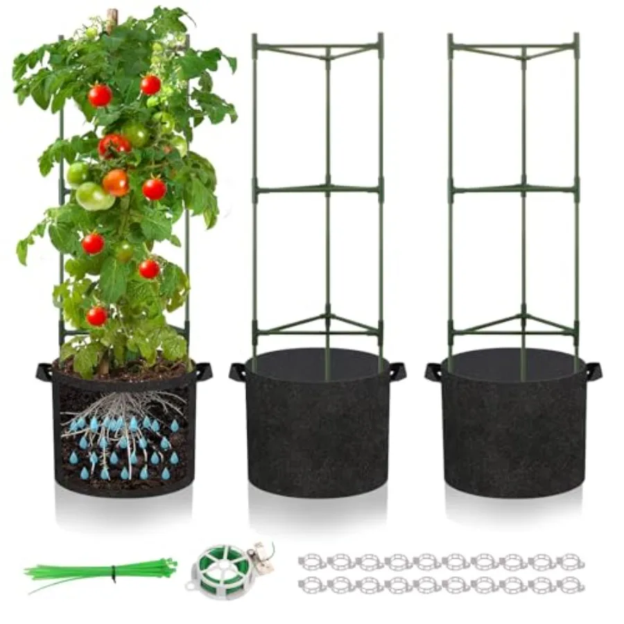 3 Pack Tomato Cage with 10 Gallon Grow Bags, 48" Height Adjustable Tomato Trellis with 65Ft Twist Tie, Heavy Duty Tomato Cages
3 Pack Tomato Cage with 10 Gallon Grow Bags, 48" Height Adjustable Tomato Trellis with 65Ft Twist Tie, Heavy Duty Tomato Cages