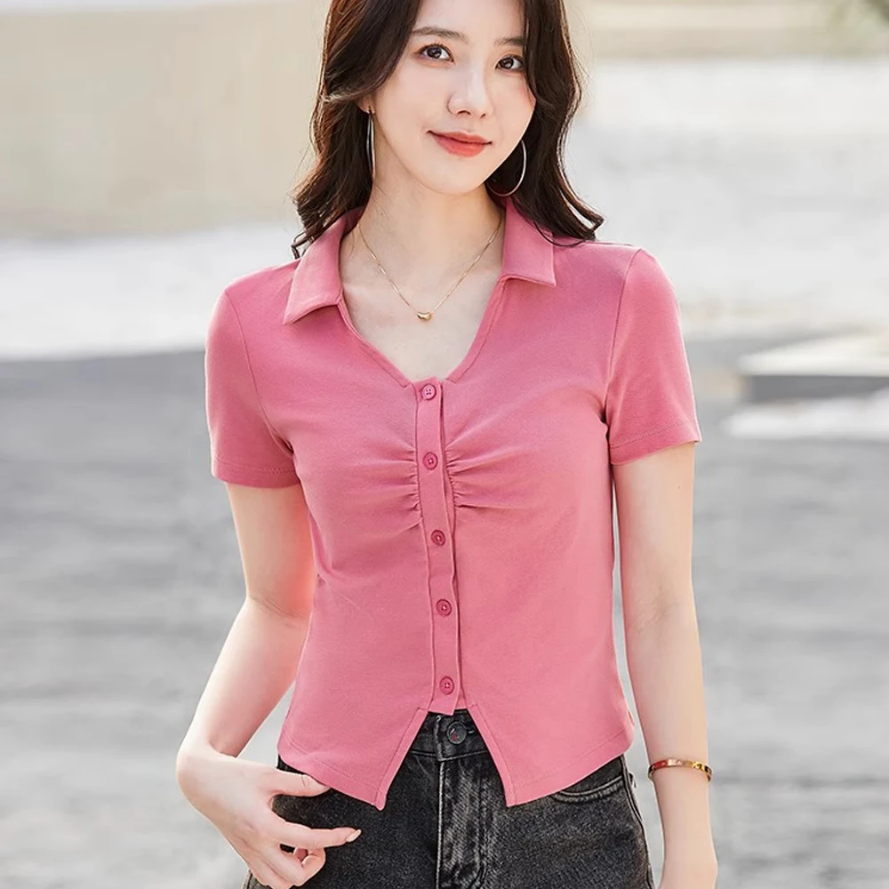 European station pink pure cotton short sleeved T-shirt cardigan women's summer high-end fashion plus size V-neck short casual t
European station pink pure cotton short sleeved T-shirt cardigan women's summer high-end fashion plus size V-neck short casual t