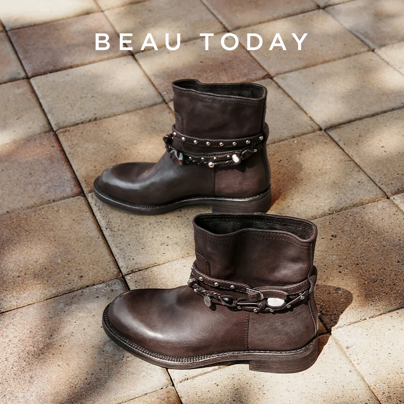 Ботильоны BEAUTODAY, женские туфли из натуральной коровьей кожи с круглым носком, ретро-дизайн с заклепками, женская обувь на плоском каблуке ручной работы 03D72
Ботильоны BEAUTODAY, женские туфли из натуральной коровьей кожи с круглым носком, ретро-дизайн с заклепками, женская обувь на плоском каблуке ручной работы 03D72