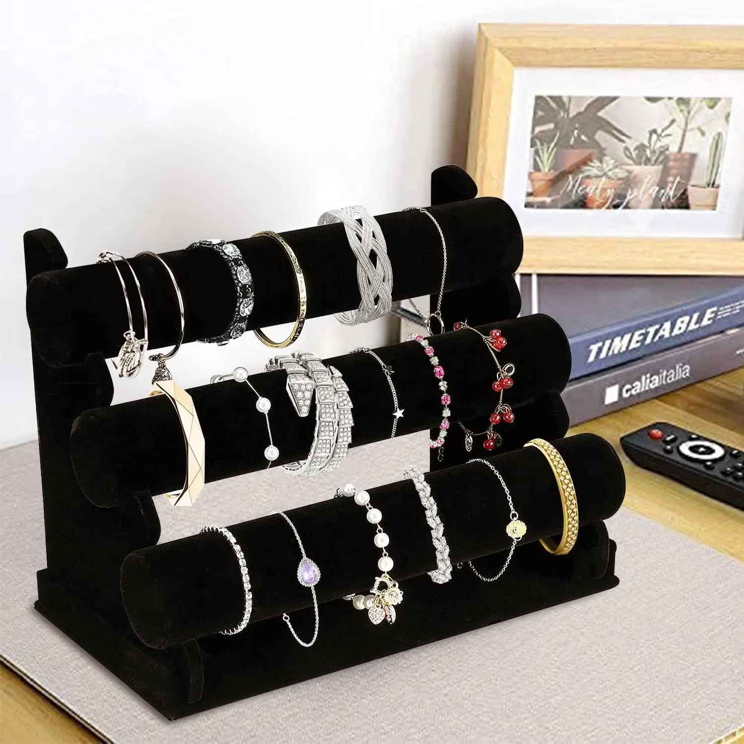 Velvet Bracelet Holder with 3 Tier Rack, Black Detachable Jewelry Display Stand T-Bar Necklace Organizer for Bangles Watch
Velvet Bracelet Holder with 3 Tier Rack, Black Detachable Jewelry Display Stand T-Bar Necklace Organizer for Bangles Watch