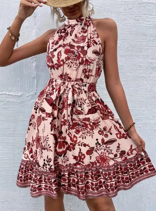 2025 Sexy Elegant Dresses New Fashion Women Summer Floral Hanging Neck Cinched Waist Sleeveless Printed Dress Female Clothing
2025 Sexy Elegant Dresses New Fashion Women Summer Floral Hanging Neck Cinched Waist Sleeveless Printed Dress Female Clothing