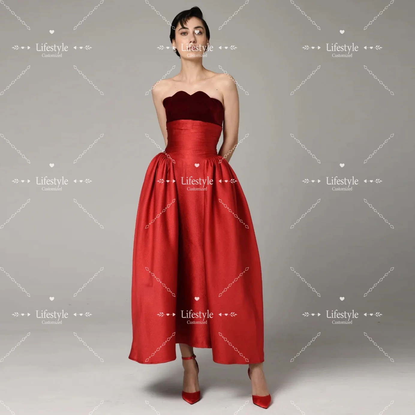 Customized Fluted Collar Burgundy Velvet Red Satin Draped Evening Dresses Strapless Sleeveless Formal Gown Elegant Party Dresses
Customized Fluted Collar Burgundy Velvet Red Satin Draped Evening Dresses Strapless Sleeveless Formal Gown Elegant Party Dresses