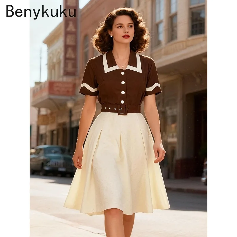 Color Block Two Tone Brown Women 50s Vintage Dresses 2026 Summer Clothes Turn-Down Collar Buttons Belted Pleated Elegant Dress
Color Block Two Tone Brown Women 50s Vintage Dresses 2026 Summer Clothes Turn-Down Collar Buttons Belted Pleated Elegant Dress