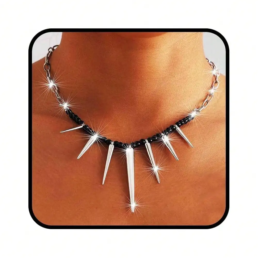Silver Spike Choker Necklace with Black Beaded Chain and Rhinestone Accents
Silver Spike Choker Necklace with Black Beaded Chain and Rhinestone Accents