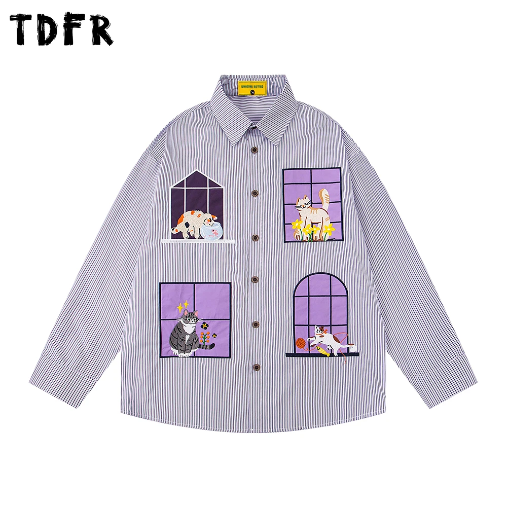 Cat Embroidery Striped Shirts Mens Cartoon Autumn Retro Loose Lapel Long Sleeve Single Breasted Shirts Man
Cat Embroidery Striped Shirts Mens Cartoon Autumn Retro Loose Lapel Long Sleeve Single Breasted Shirts Man