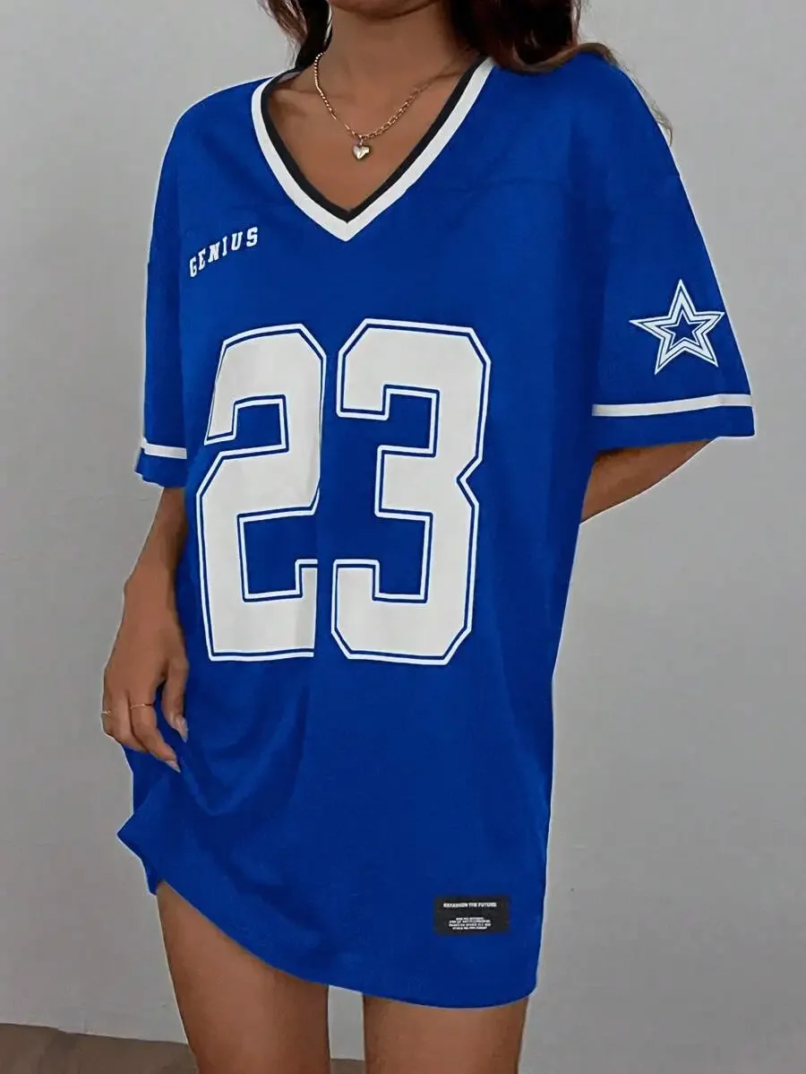 Casual Loose V-Neck Short Sleeve Football Jersey Dress With Number 23 And Star Graphic
Casual Loose V-Neck Short Sleeve Football Jersey Dress With Number 23 And Star Graphic
