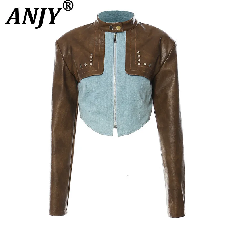 ANJY Autumn New Women Niche Design PU Leather Patchwork Denim Fashion Color Block Short Jacket Trend Zipper Slim Fit Coat A10813
ANJY Autumn New Women Niche Design PU Leather Patchwork Denim Fashion Color Block Short Jacket Trend Zipper Slim Fit Coat A10813