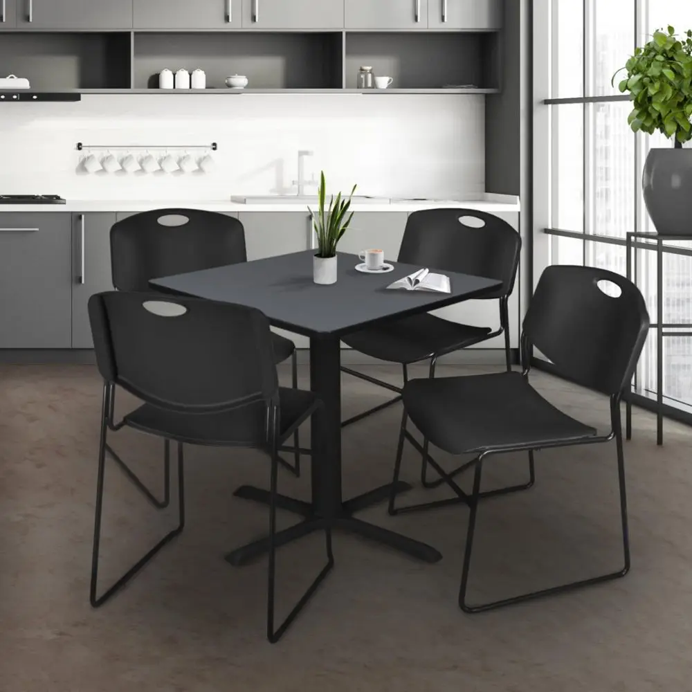 Cain 42 in. Square XBase Breakroom Table Grey amp 4 Zeng Stack Chairs Black
Cain 42 in. Square XBase Breakroom Table Grey amp 4 Zeng Stack Chairs Black