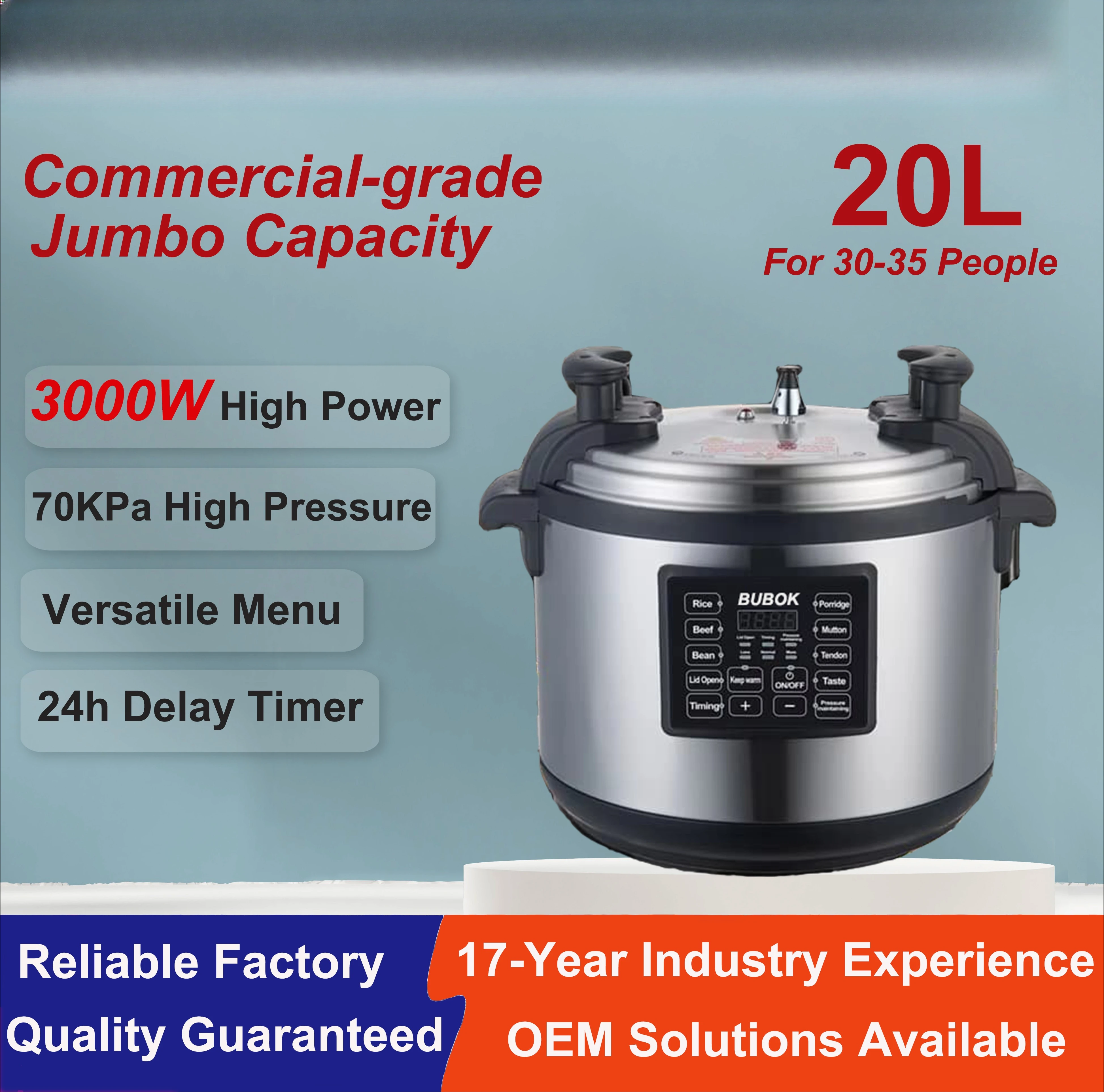 Factory Wholesale Commercial Large Intelligent Rice Cooker Stainless Steel Electric Pressure Cooker Electric Instant Cooker 20L
Factory Wholesale Commercial Large Intelligent Rice Cooker Stainless Steel Electric Pressure Cooker Electric Instant Cooker 20L