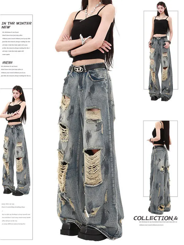 Retro American Desert Style Splashed Ink Design Hole Denim Pants Women's Loose Wide Leg Floor-Length Trousers Spring New
Retro American Desert Style Splashed Ink Design Hole Denim Pants Women's Loose Wide Leg Floor-Length Trousers Spring New