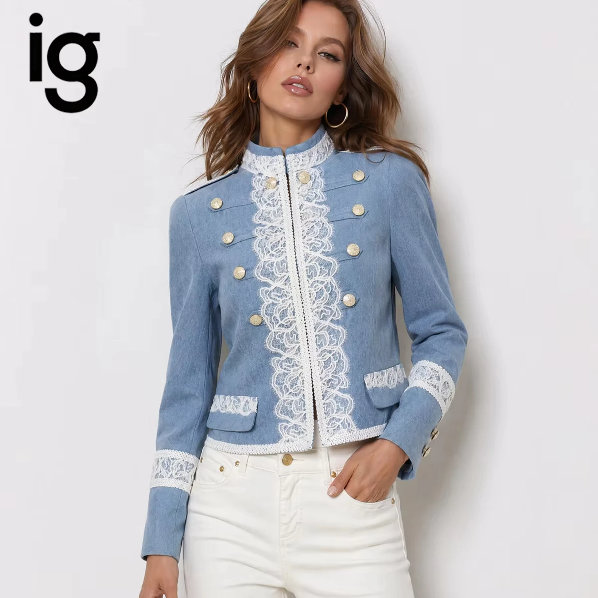IG 2026 Women's Cropped Jacket, Stand Collar Full Floral Lace Trim Double Row Gold Buttons Shoulder Tab Long Sleeve Cuff Pocke
IG 2026 Women's Cropped Jacket, Stand Collar Full Floral Lace Trim Double Row Gold Buttons Shoulder Tab Long Sleeve Cuff Pocke