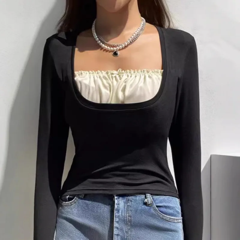 Solid Basic Fake Two-Piece Long Sleevet-Shirt Black Waist Tube Tops Square Neck Bottoming Casual Slim Blouse Women Summer Spring
Solid Basic Fake Two-Piece Long Sleevet-Shirt Black Waist Tube Tops Square Neck Bottoming Casual Slim Blouse Women Summer Spring