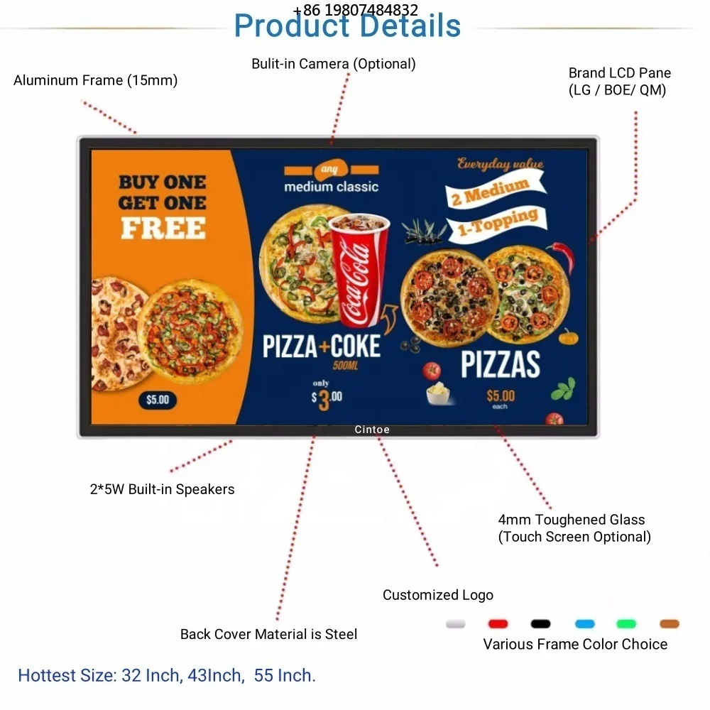 Digital Signage Smart Advertising Display Lcd Advertising Screen. 21.5 32 43 50 55 65 Inch Ultra Thin Touch Screen Wall Mount
Digital Signage Smart Advertising Display Lcd Advertising Screen. 21.5 32 43 50 55 65 Inch Ultra Thin Touch Screen Wall Mount